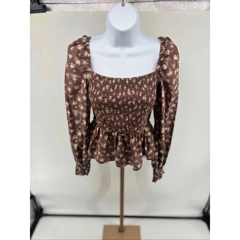 Dizzy Lizzy Smocked Peplum Floral Blouse XS Brown Boho Cottagecore Puff Sleeve